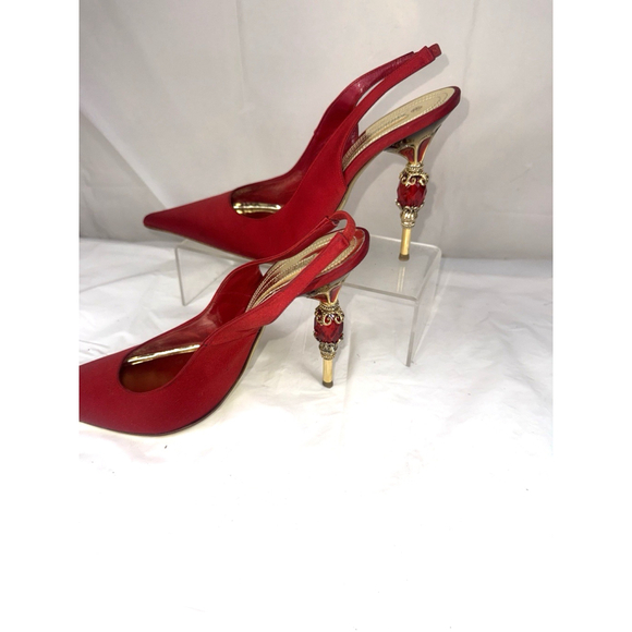 Gianmarco Lorenzi Shoes - Gianmarco Lorenzi sling back pump satin Red Size 38 Ornate gold embellished new